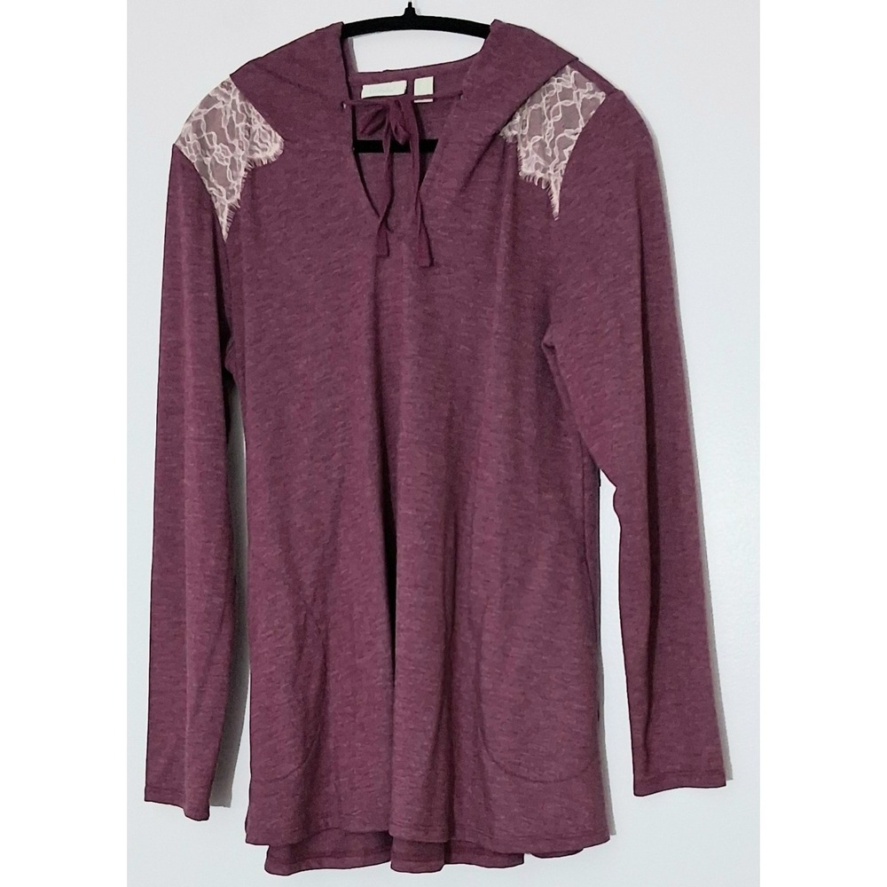 LOGO Lounge Lori Goldstein Top Size M French Terry Hooded With Lace Panels Preow